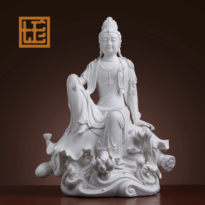 七珍陶瓷工艺品20"《水莲自在观音》瓷像家用德化白瓷艺术品摆件