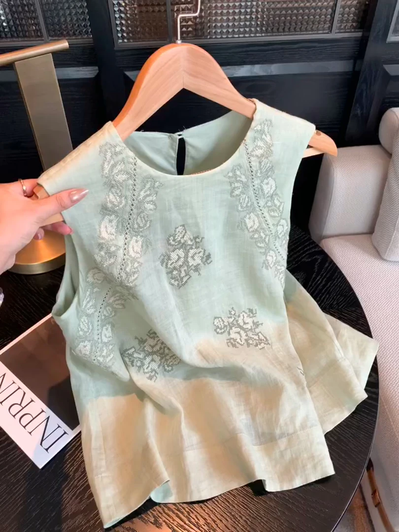新中式复古国风圆领刺绣印花无袖背心女夏2025新款宽松高级感上衣