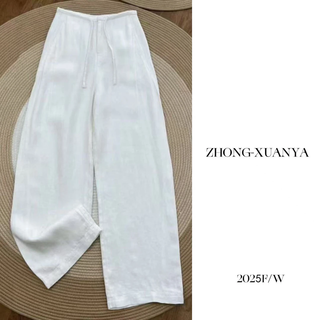 100%雨露亚麻17支亚麻弯刀裤显瘦老钱风微拖地裤C8107