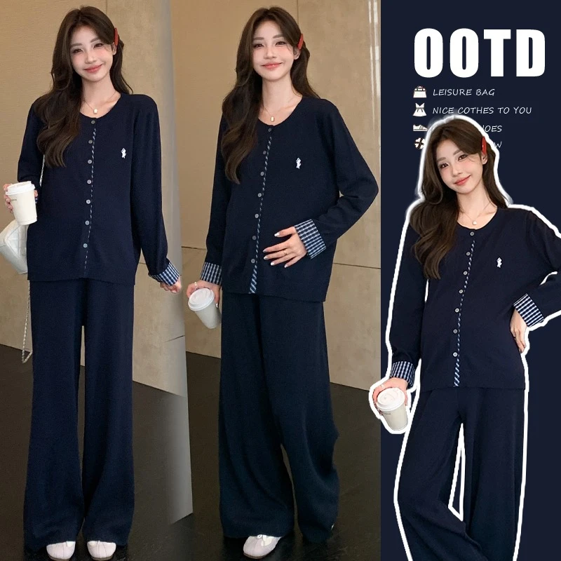 孕妇装秋季套装2025新款韩版撞色拼接格子长袖毛衣休闲长裤两件套