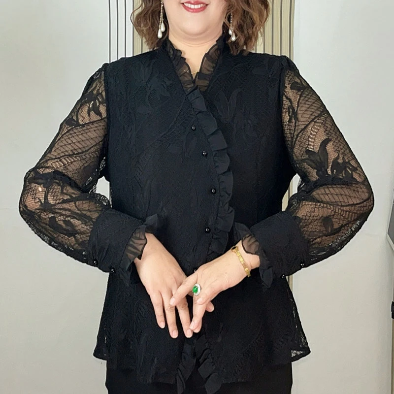 5518大码女洋气高级感上衣春秋新款蕾丝收腰打底衫镂空小衫显瘦潮