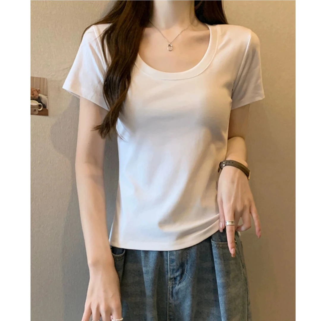 简约基础款百搭辣妹U领短袖T恤女夏季2025新款韩版修身显瘦小上衣