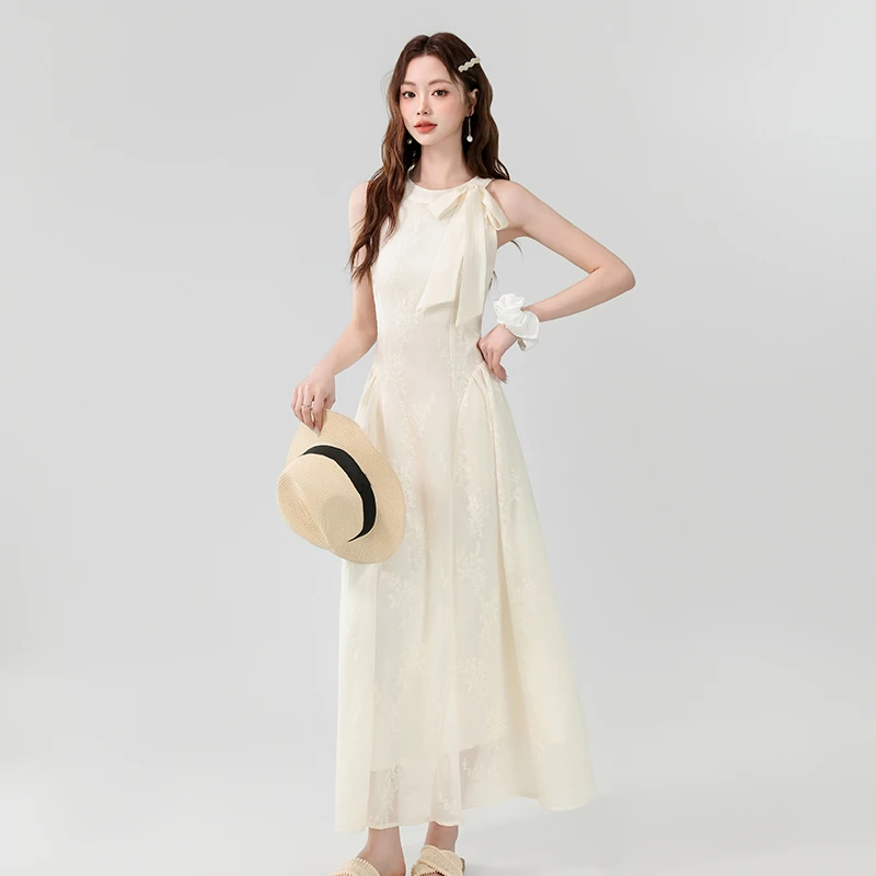 法式温柔杏色优雅减龄无袖长裙夏季系带蝴蝶结蕾丝绣花长款连衣裙