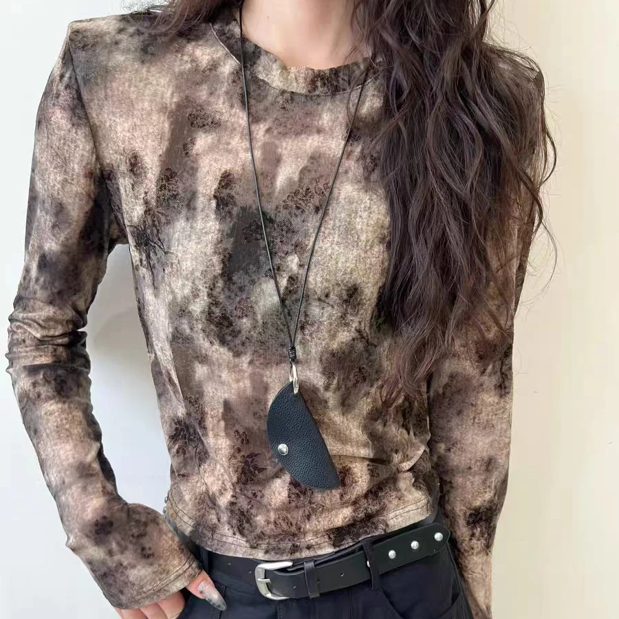 JINTAIYANG【18232】水墨扎染长袖植绒暗花长袖T