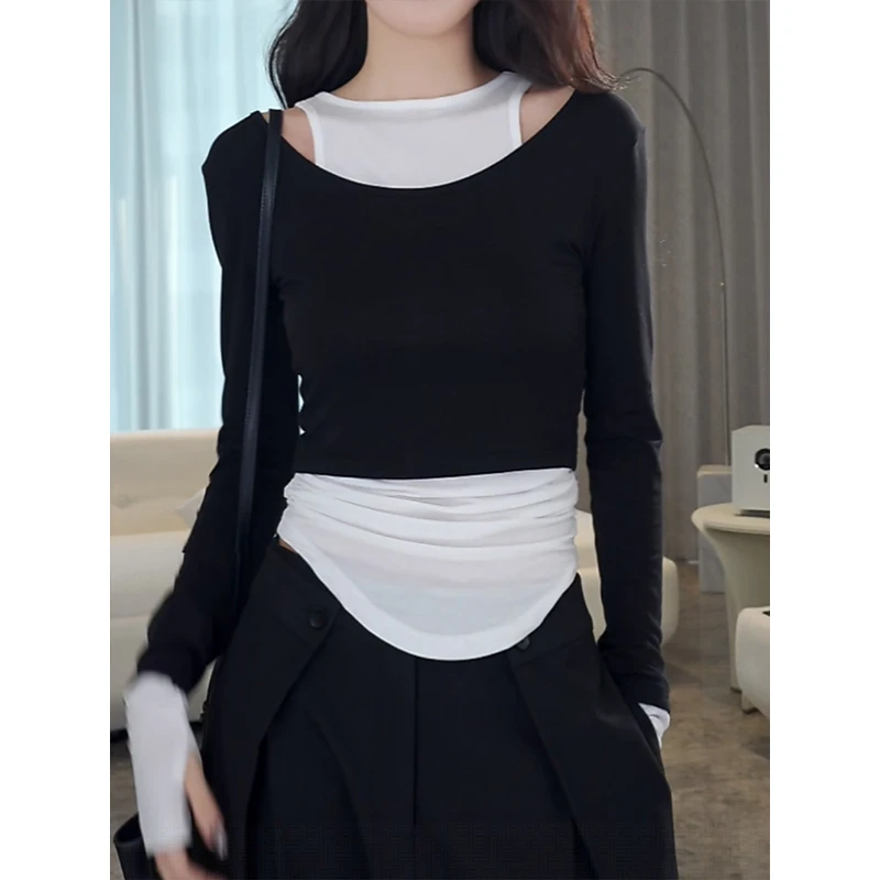 假两件长袖t恤女2025早秋季新款拼色修身一字肩设计感露肩上衣潮