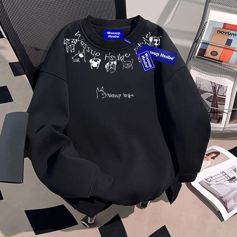 WASSUP HSUBE秋季美式潮流圆领重磅卫衣男士显瘦宽松休闲慵懒上衣