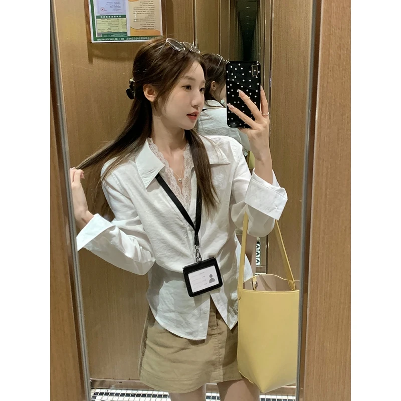 乌77高智风长袖翻领白色衬衫女春季复古叠穿设计感百搭收腰上衣新