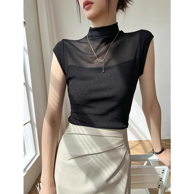 黑色半高领短袖t恤女春夏设计感网纱内搭打底衫时尚上衣2025新款