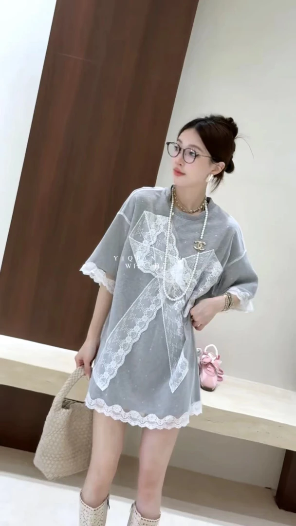 欧货正品W123外层纱纱蝴蝶结短袖T裙