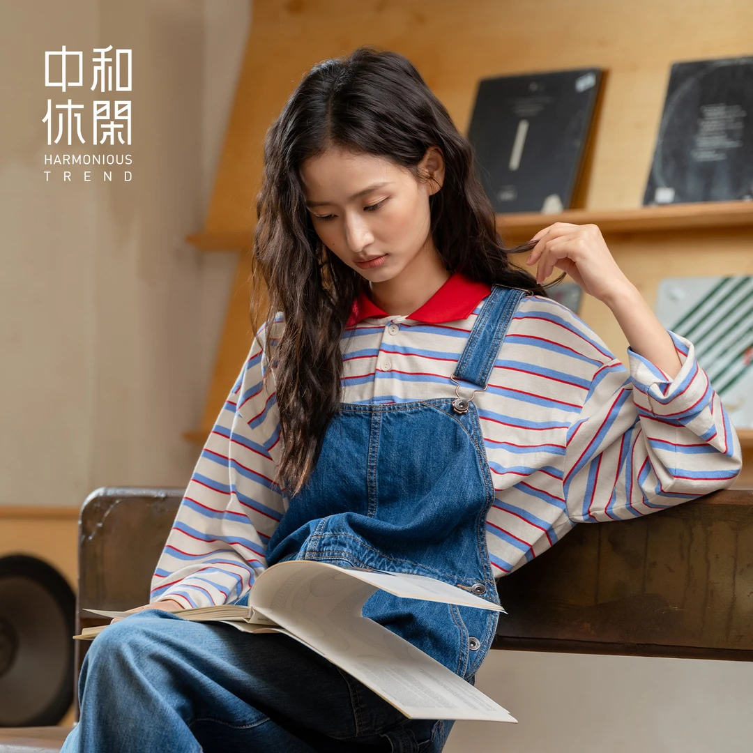 中和休闲女装翻领条纹POLO衫2025秋季新款撞色宽松长袖T恤慵懒风