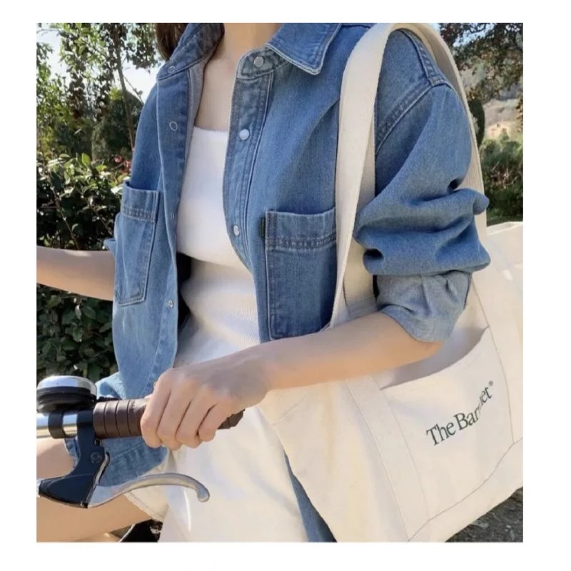 【八家牛仔衬衣】Y韩系the bar**et复古宽松翻领长袖牛仔衬衫外套