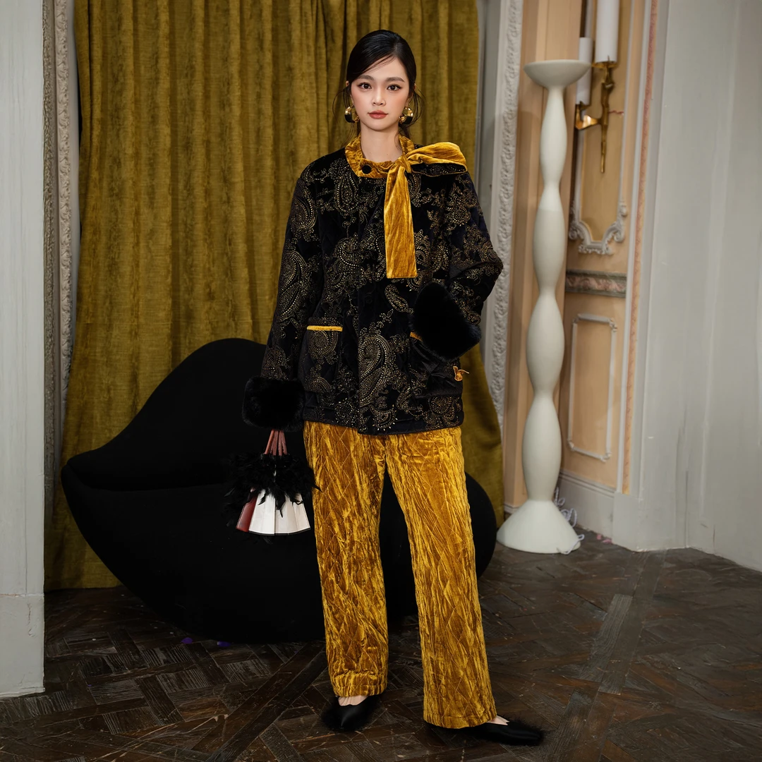 AUDREYWANG“奢金暮影”黑金缕滴塑设计师女装家居服睡衣套装13072