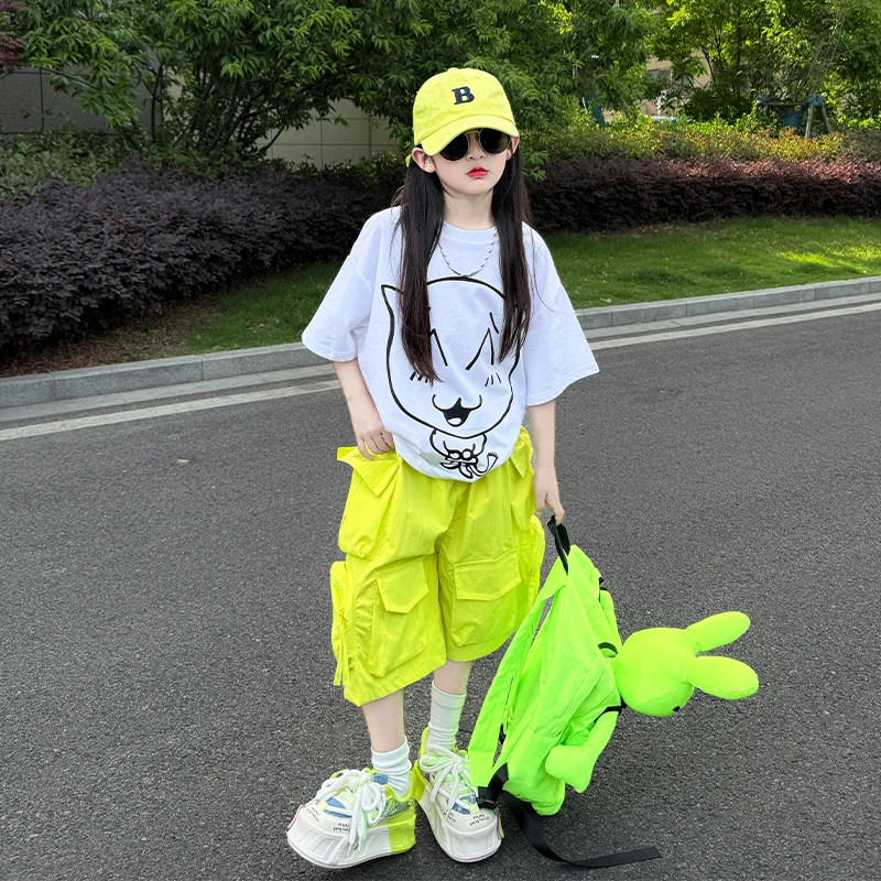 女童夏季2025新款儿童裤子中大童工装短裤宽松T恤潮酷穿搭两件套