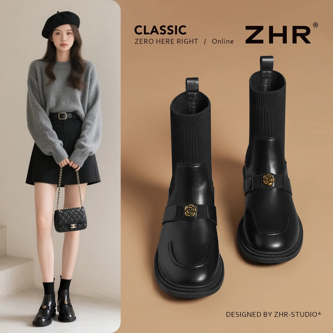 ZHR短靴女2025秋新款乐福鞋小个子方跟粗跟增高瘦瘦靴英伦风袜靴