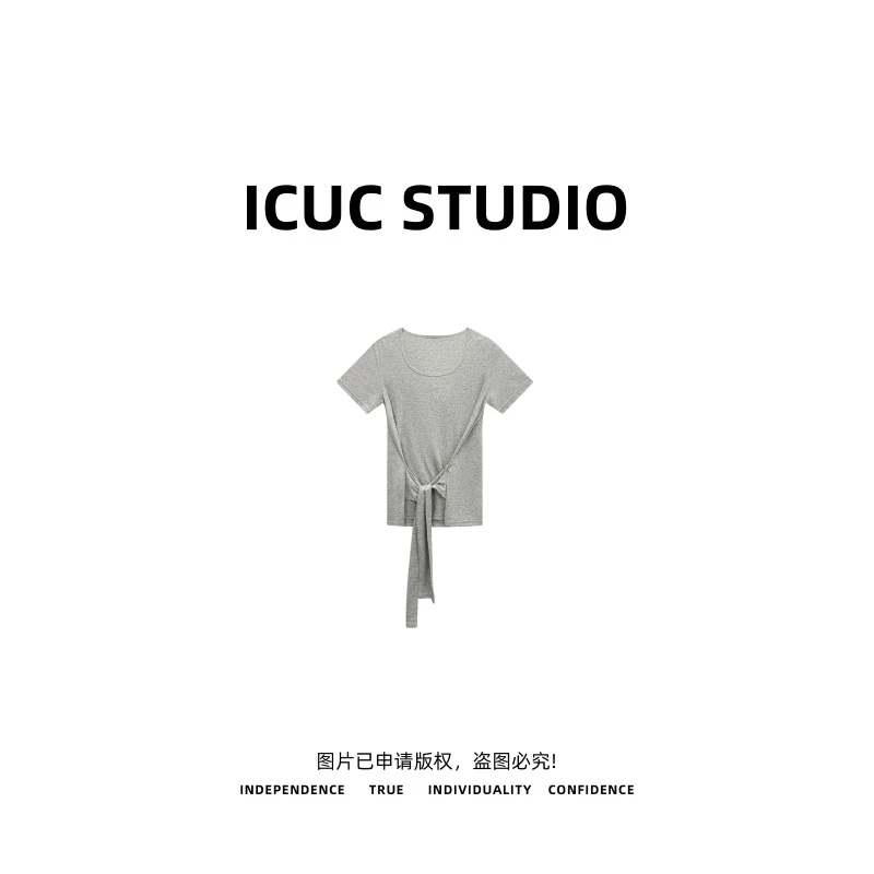 ICUC STUDIO-【松弛感系带短袖T】正肩设计感不规则打底上衣25195