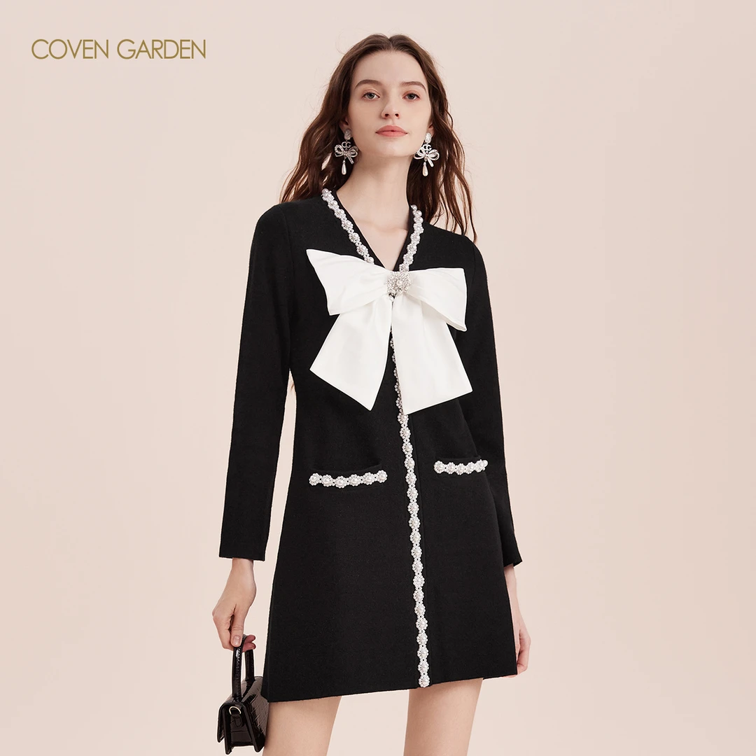 【若谷粉丝专属】哥文花园小香风针织长袖连衣裙显瘦CTA4034980