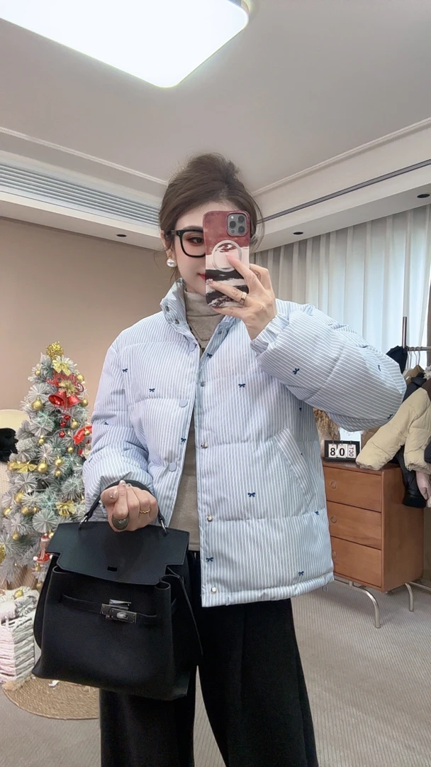 蝴蝶蓝粉色条纹时尚百搭保暖韩版宽松面包立领潮流棉服外套