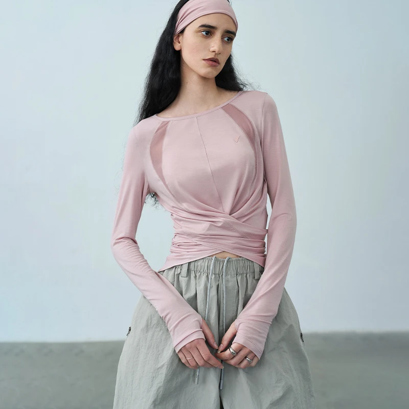 半圆天丝混纺 女装[运动]2025夏季分割感圆领开衩t恤女15137365