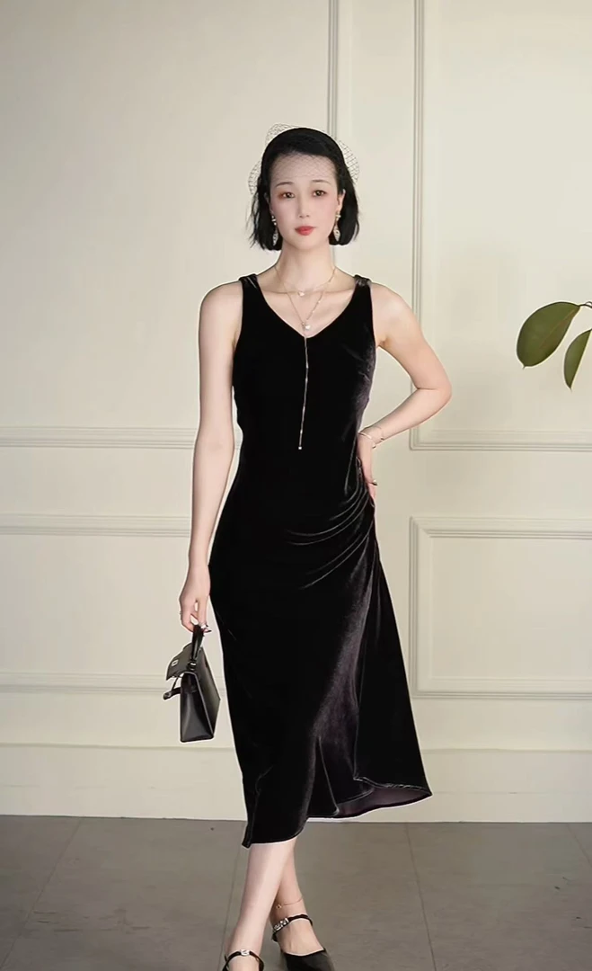 GW【午夜玫瑰】新款丝绒复古气质百搭高级感连衣裙24C-135-2