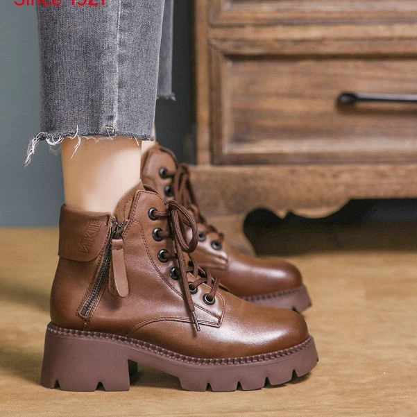 119真皮英伦风秋冬百搭复古粗跟休闲系带圆头冬季马丁靴