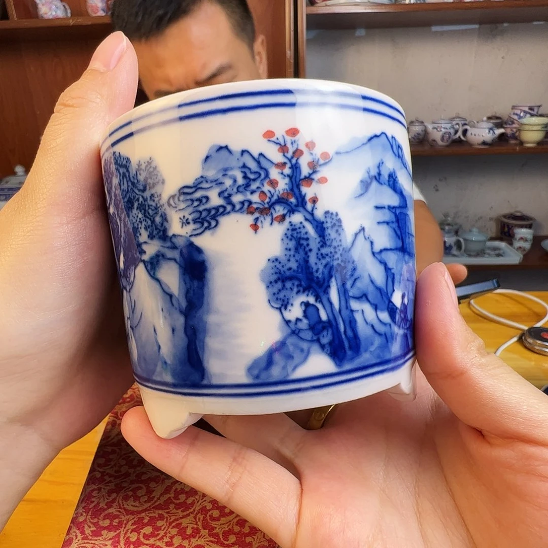 瓷片景德镇陶瓷红嘻嘻山水香炉一只