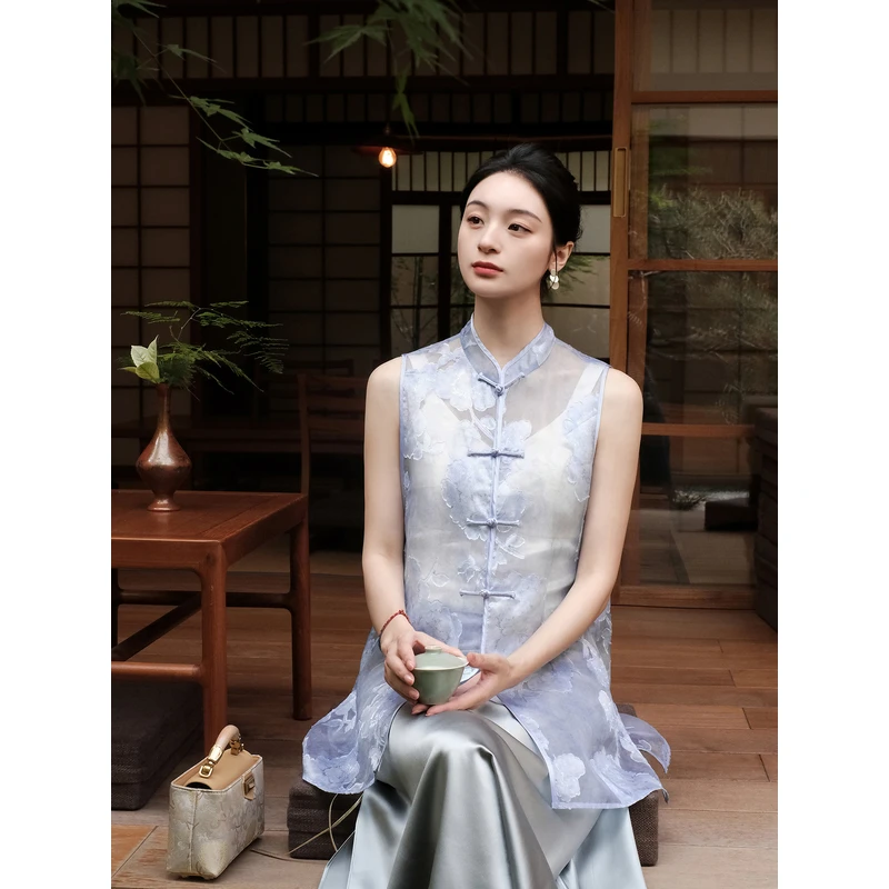 盛唐婧新中式立领真丝剪花绡对襟长马甲背心-蓝色新中式国风马甲