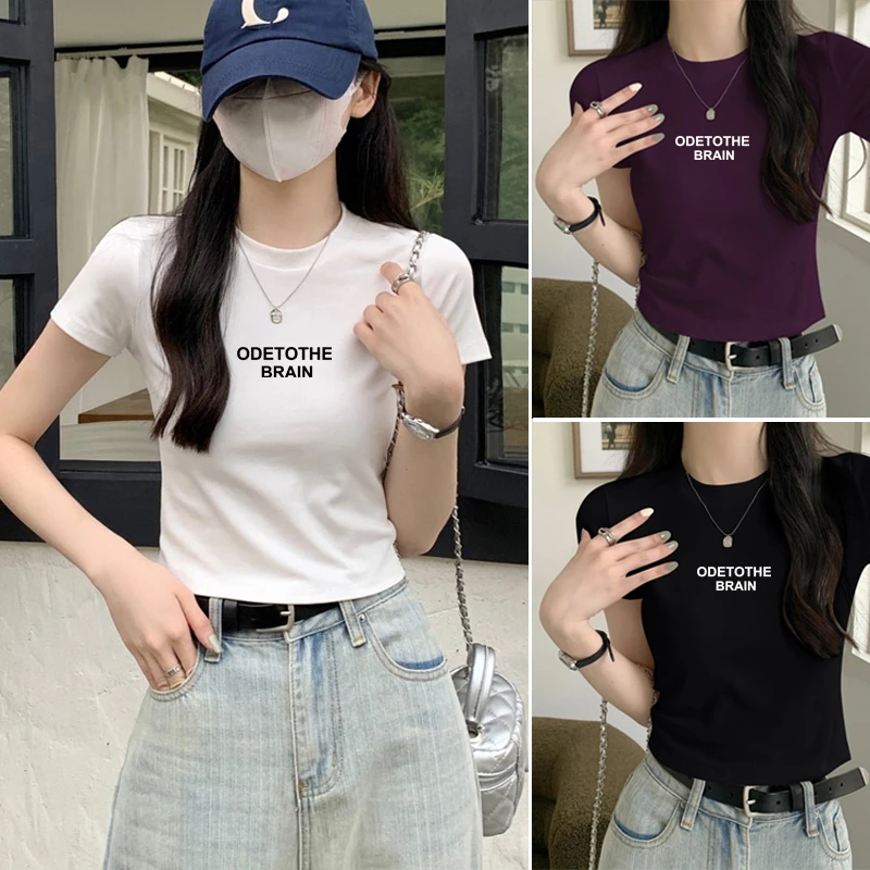 正肩短款T恤女2025夏季宽松高腰显瘦ins风印花短袖百搭上衣小个子