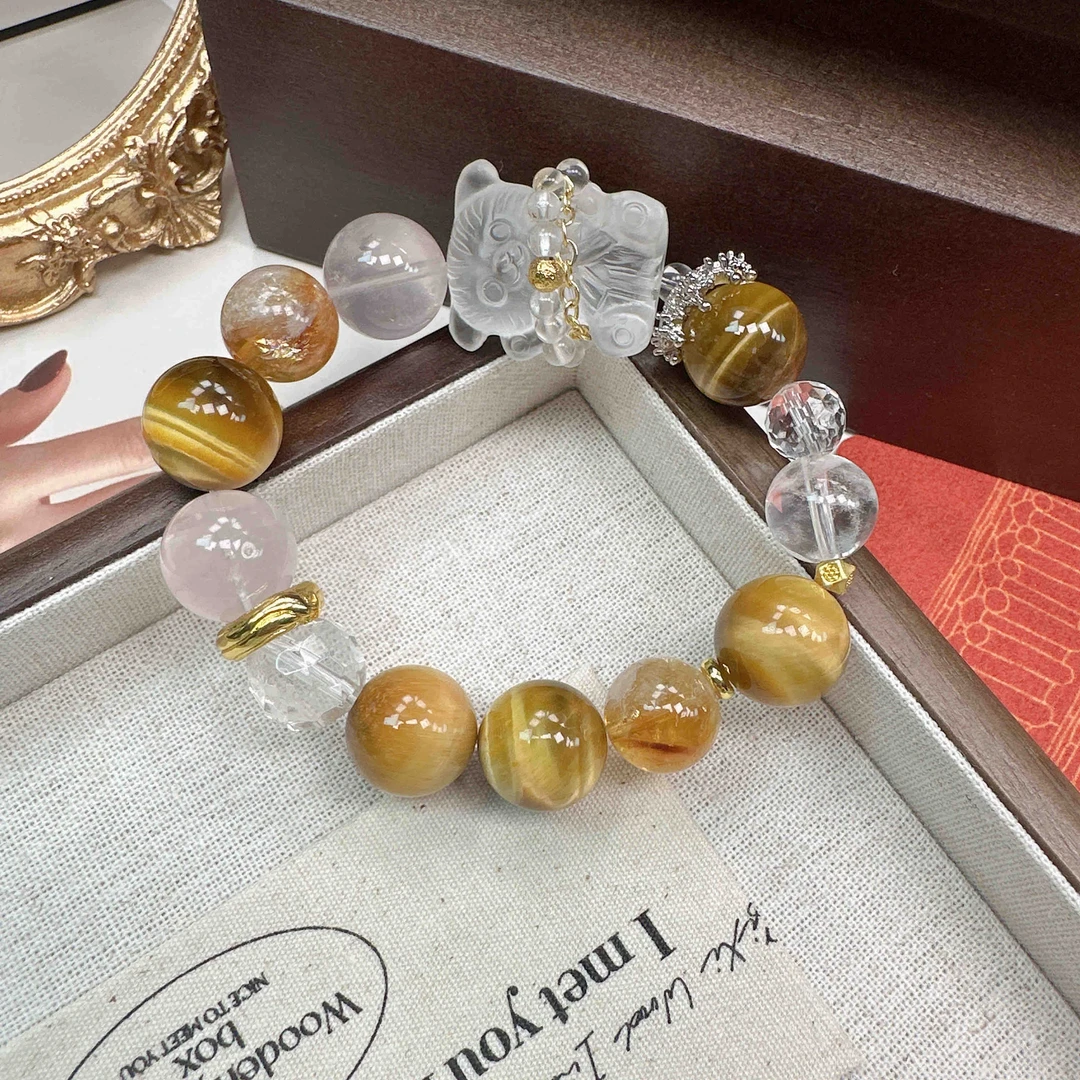 《活力小熊》金虎眼搭配白水晶小熊手串1004 颜色微差 多样性发一