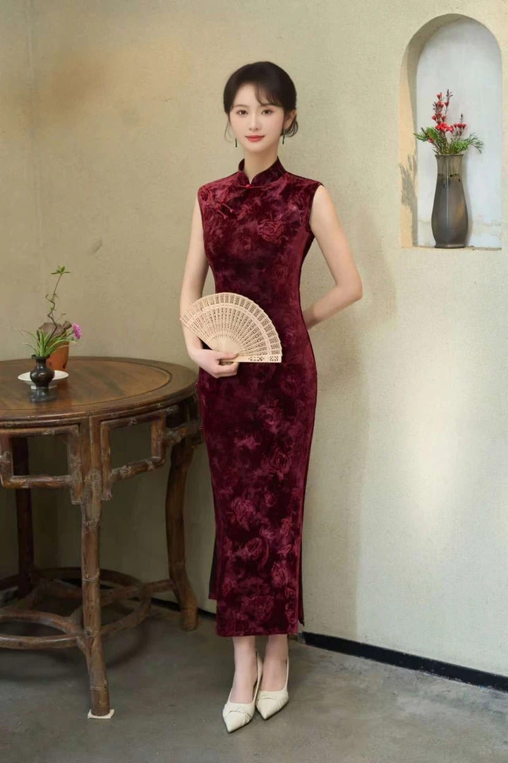 【309】（衣长125cm）早春气质显瘦钻石绒气质旗袍