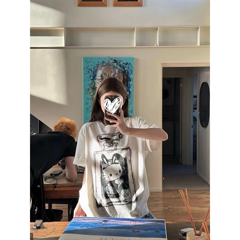 松弛喵酱酱白色慵懒印花大版短袖T恤女显瘦百搭上衣夏情侣装20967