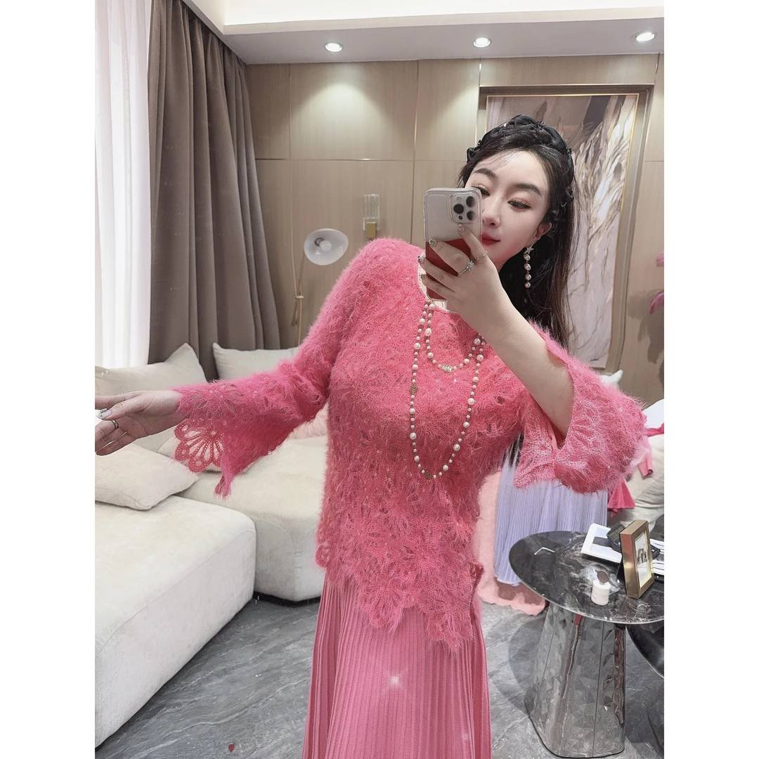 独宠【梅亭诗社】长袖网红时尚钉珠领蕾丝花边百搭上衣