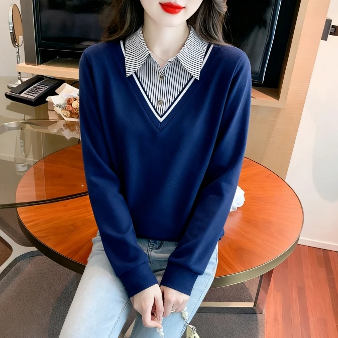 洋气假两件Polo领上衣宽松薄款卫衣女2025春秋衣长袖T恤打底小衫