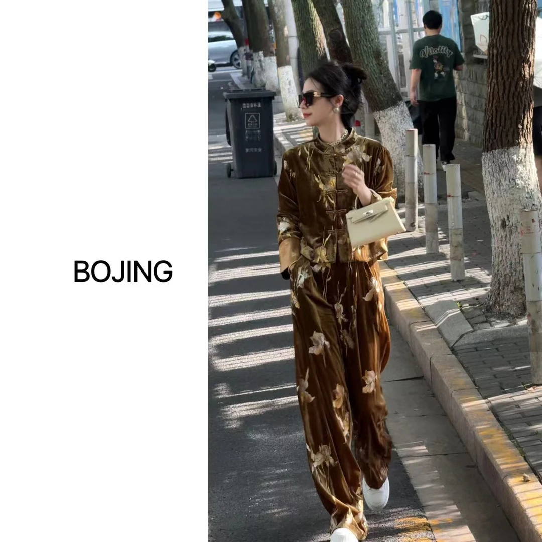 现货【凤来仪】新中式休闲百搭真丝丝绒烫金工艺国风上衣长裤套装