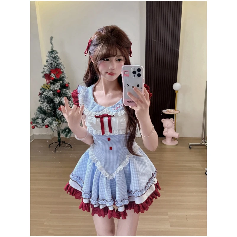 纯欲清新娃娃领蓝色条纹夏日女款2025收腰a字减龄甜美蓬蓬连衣裙
