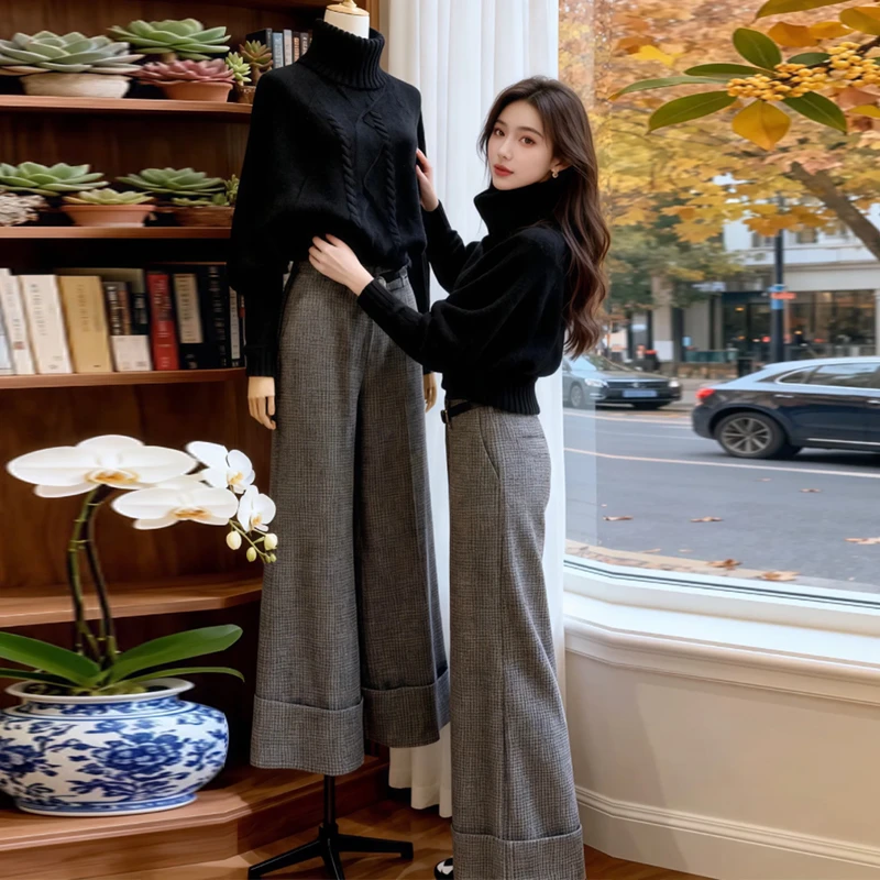 SHALLDOER秋冬新款韩系设计感黑色加绒毛衣千鸟格阔腿裤两件套