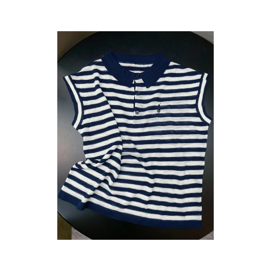 《An ni》【小马人】夏季新品时尚条纹无袖翻领短袖针织上衣Ani-C178