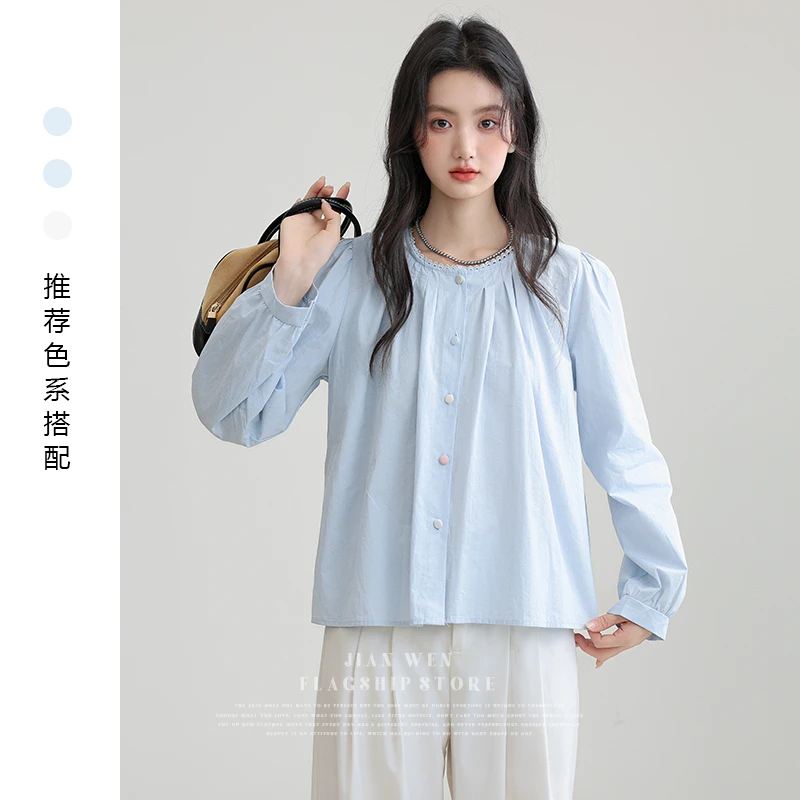 2025春秋新款法式蓝色圆领泡泡袖长袖衬衫女宽松褶皱设计衬衣上衣