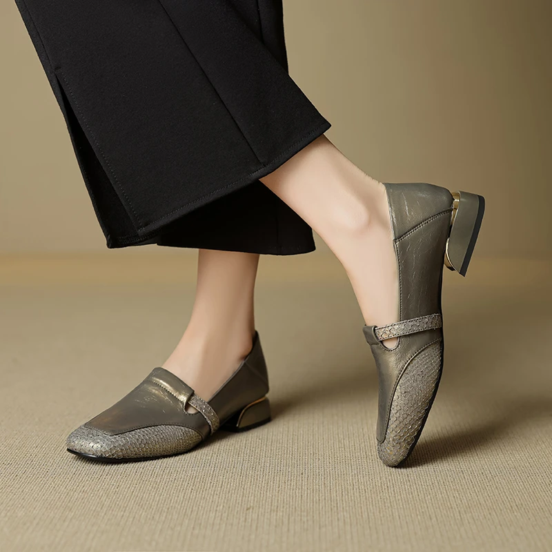 牛皮3公分/复古低跟百搭真皮方头乐福鞋女时尚粗跟单鞋小皮鞋