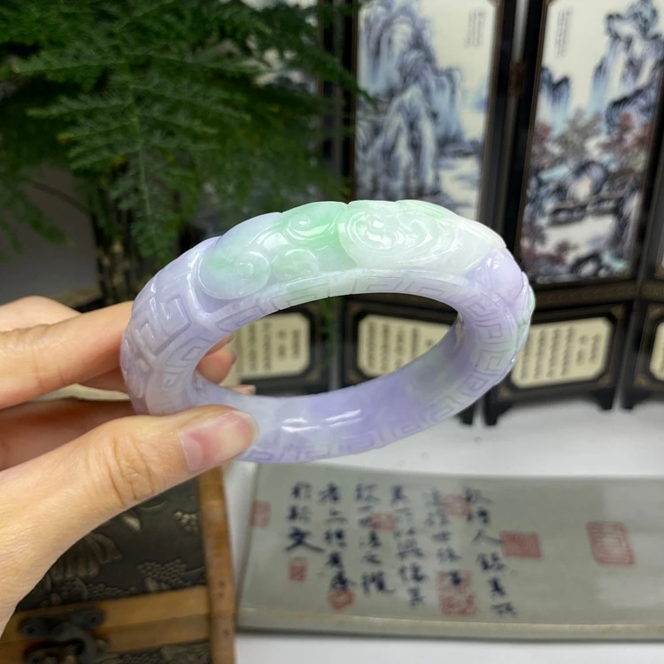58.9大圈 紫罗兰飘绿春彩如意圆条手镯 天然翡翠A货