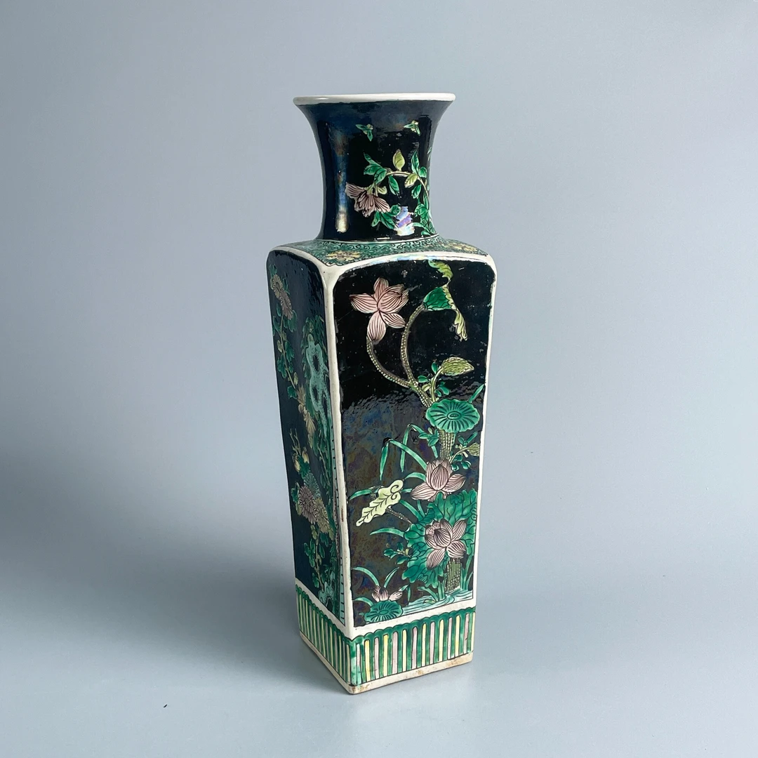 瓷器/古董光绪墨地素三彩花卉四方观音瓶M2XL8003B56文物/绣花张