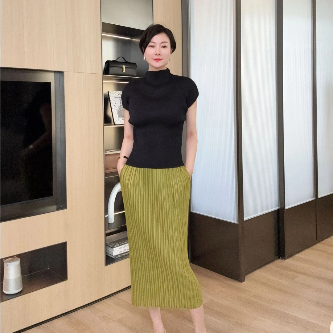 三宅褶皱中长款定染气质半身M075