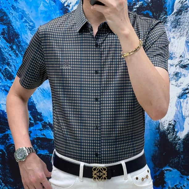 楚霸 男士夏季冰丝格纹弹力透气短袖衬衫商务休闲高档薄款