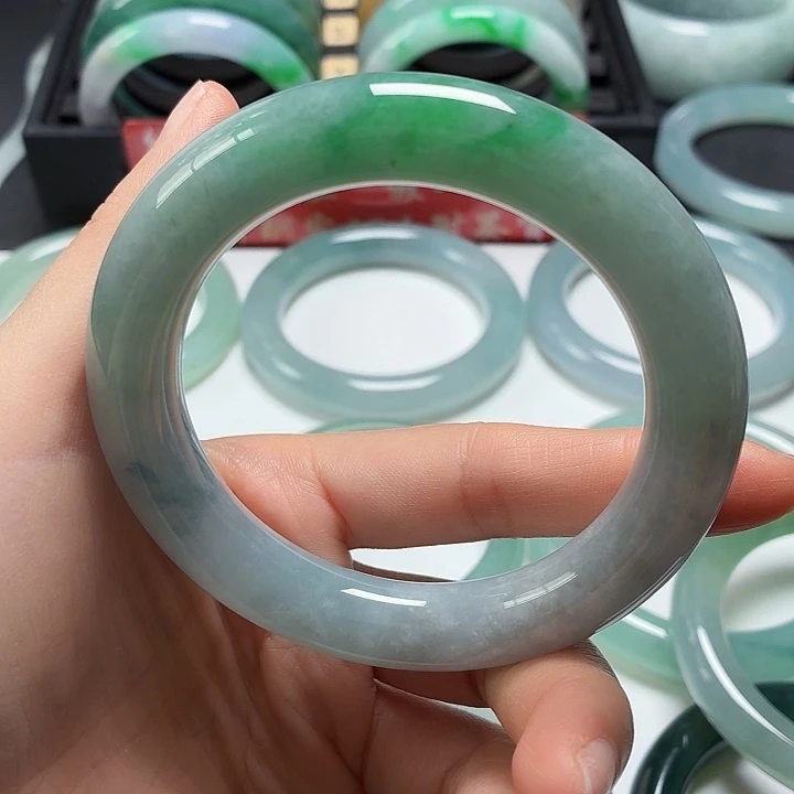 翡翠未镶嵌手镯58.5圆条阳绿紫罗兰缅甸天然A货