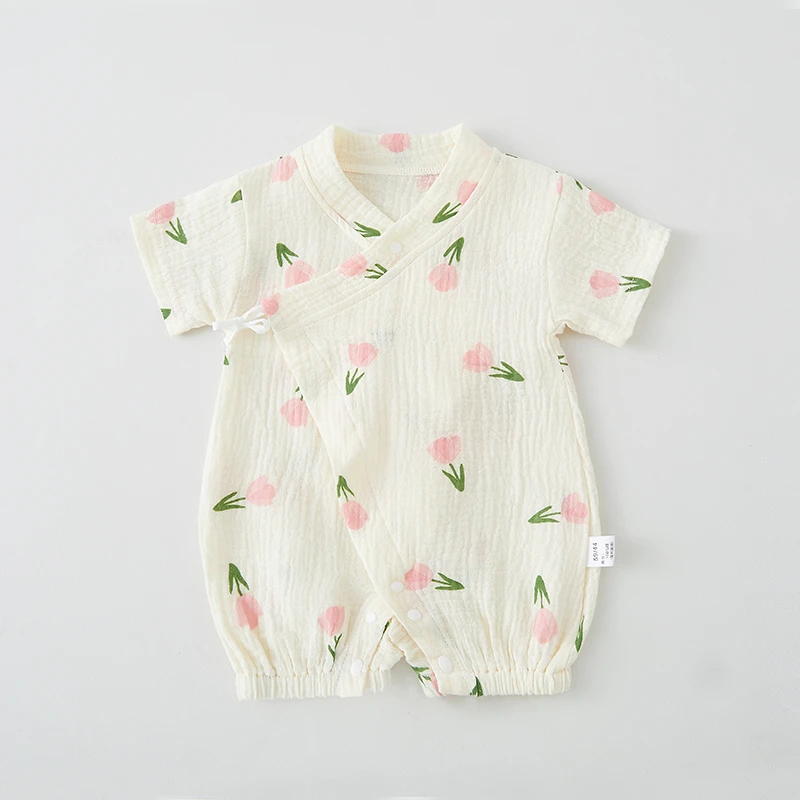 婴儿连体衣夏季宝宝纯棉纱布和尚服哈衣薄款透气斜襟系带外出爬服