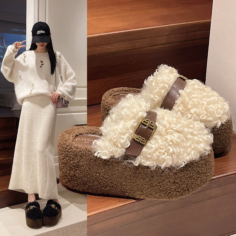 秋冬季网红新款泰迪卷毛毛鞋公主风森系女包头拖居家毛绒防滑厚底