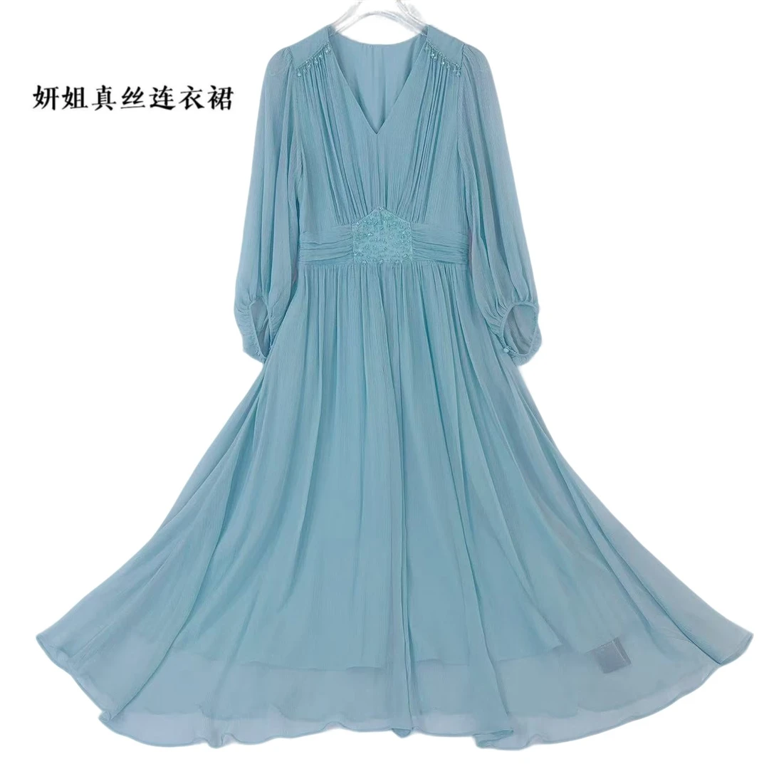 妍姐桑蚕丝2025夏季蕾丝气质百搭轻奢女装长裙优雅时尚蓝色 25241