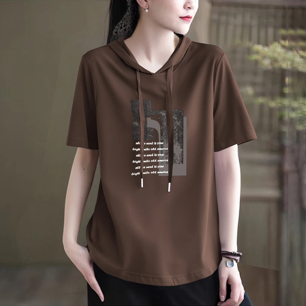 文艺大码减龄夏季纯棉新款短袖连帽显瘦宽松体恤百搭洋气上衣女装