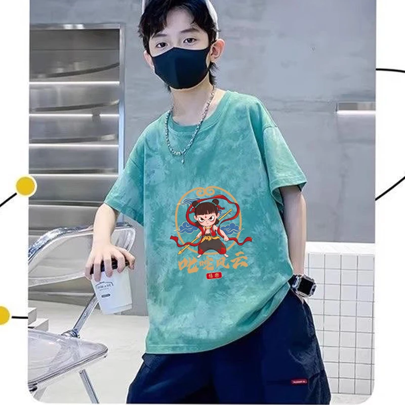 【冰爽凉感】哪吒儿童衣服男童冰丝短袖T恤儿童装夏装中大童扎染