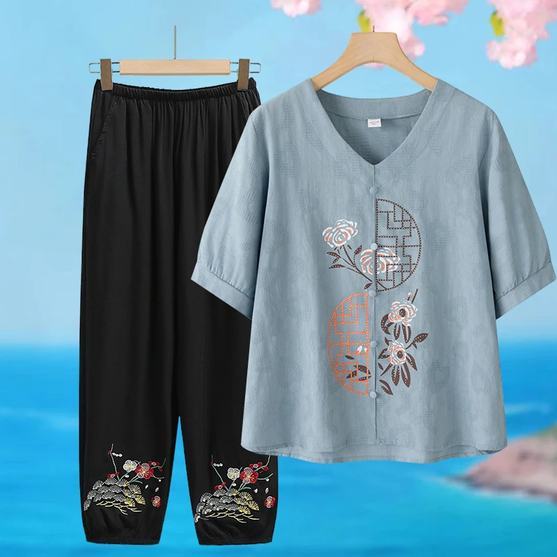 妈妈夏装中老年人奶奶套装短袖女大码夏季T恤气质宽松衣服两件套