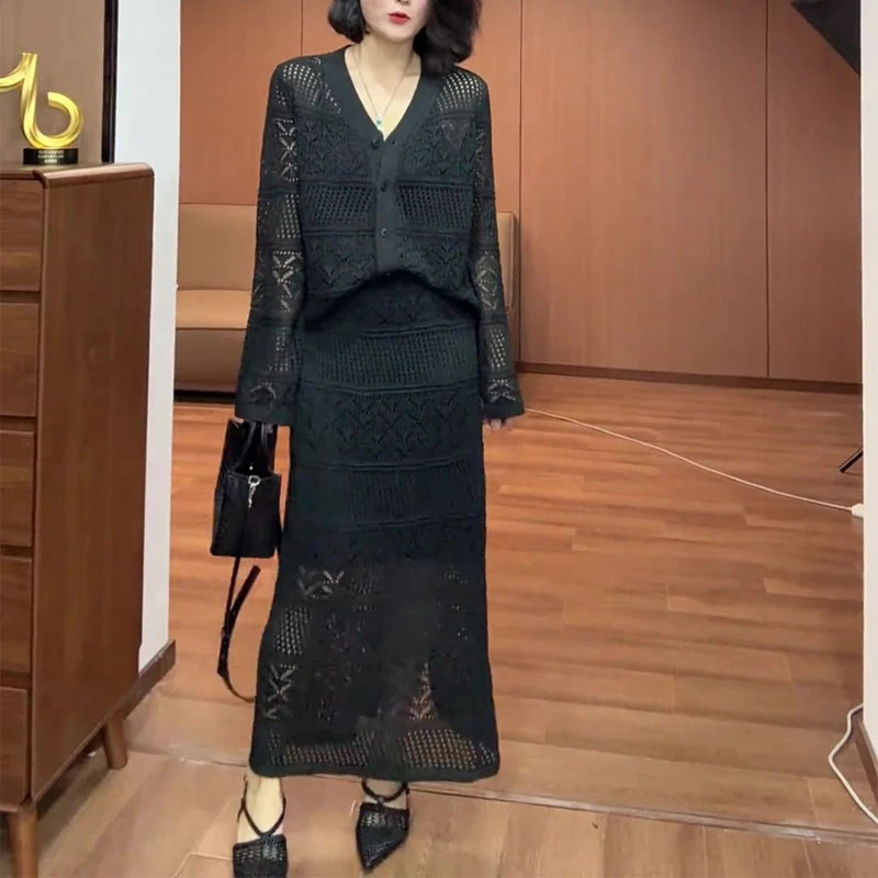 黑色针织套装女2025秋季新款镂空提花精致大尺码上衣半身裙两件套